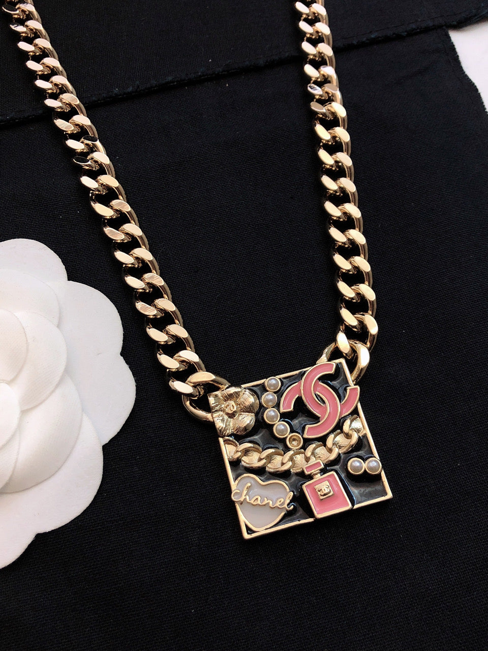 18K  Chanel Pink Logo Chain Necklace
