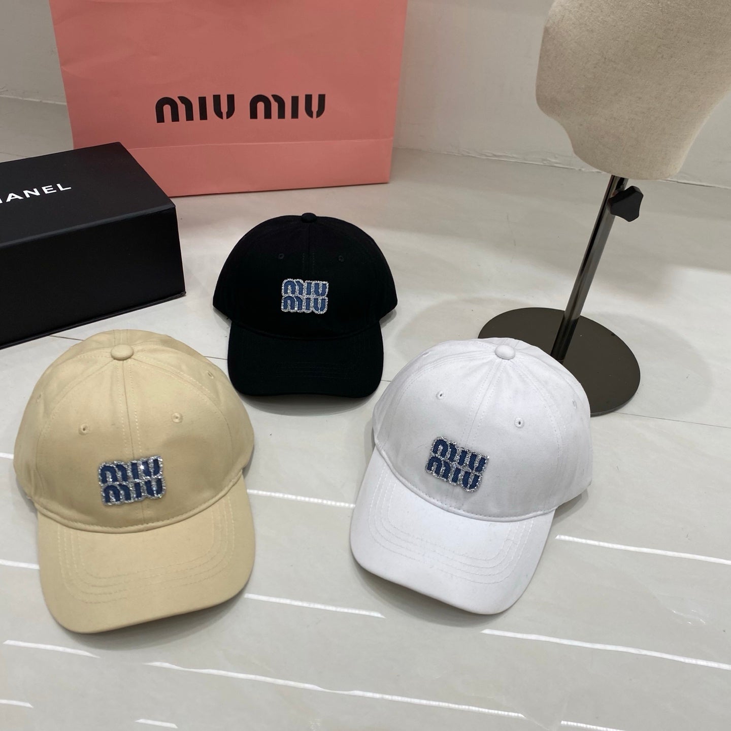 Miu Miu Rhinestone Logo Baseball Cap